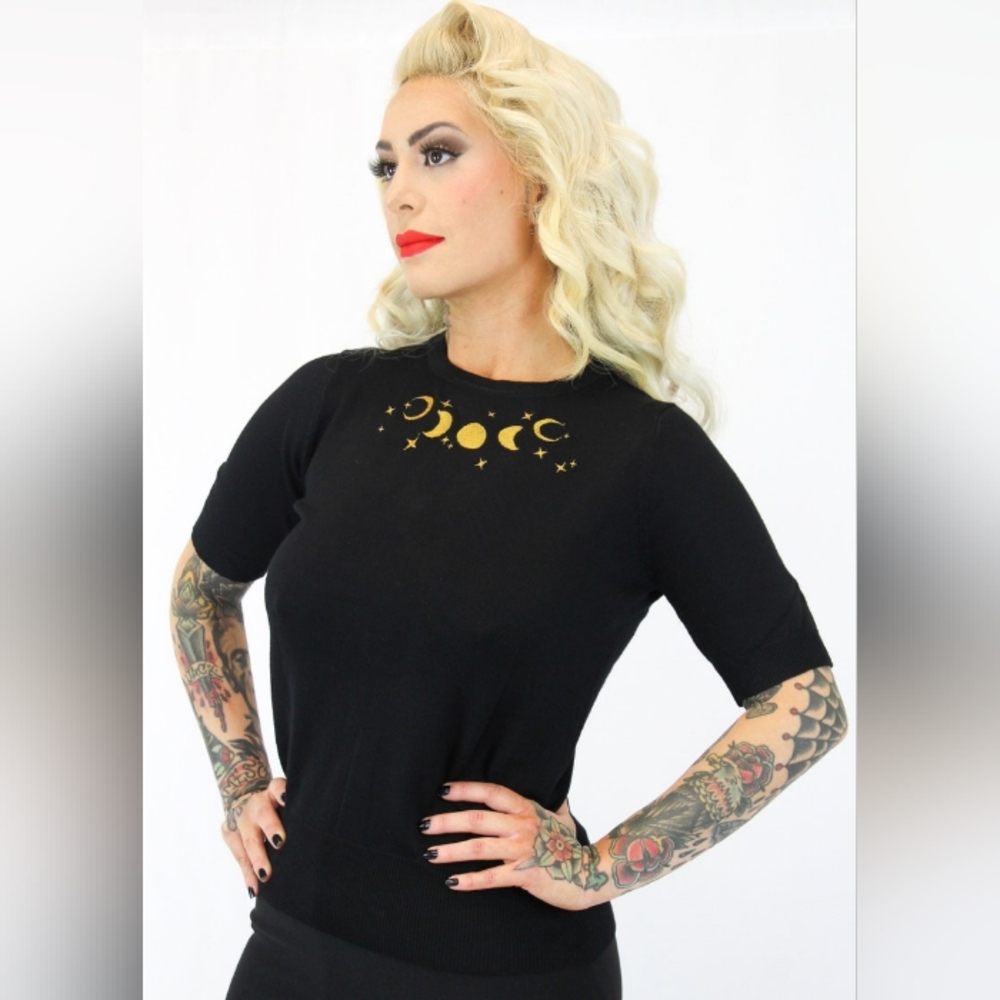 Vintage Inspired Embroidered Lunar Phases Black Moon Knit Top